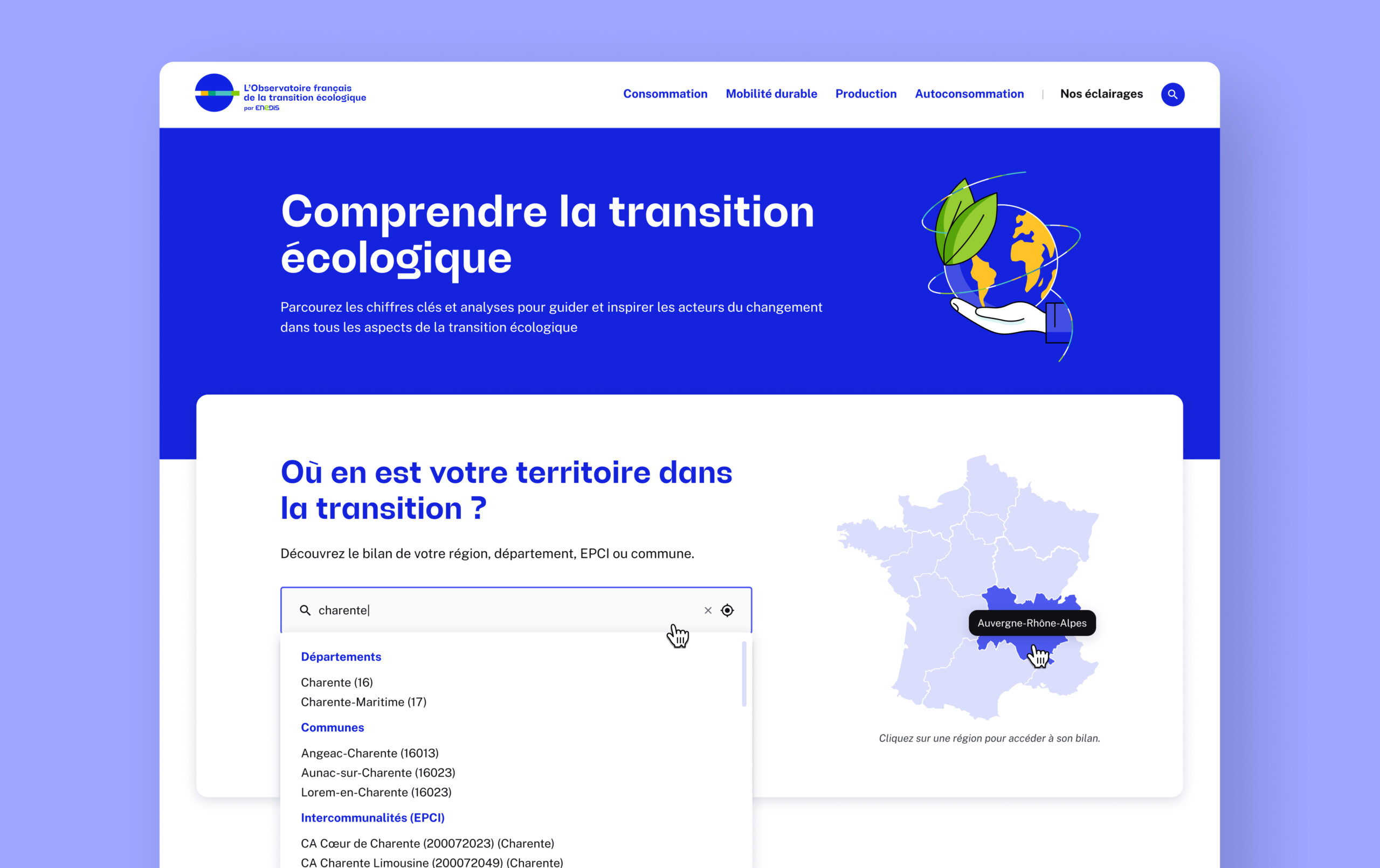 Vue de la page d'accueil du site avec la recherche territoire