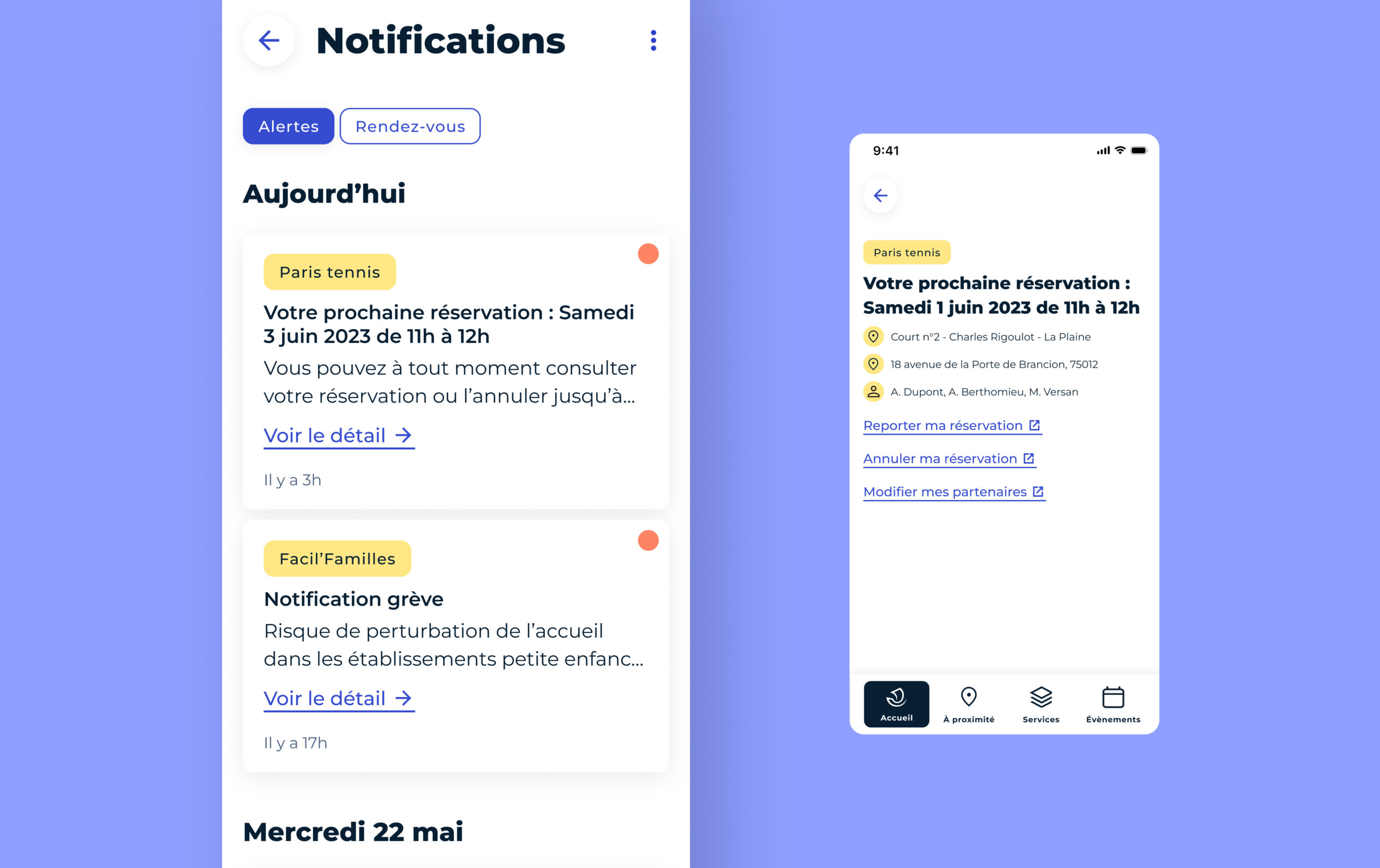 Vue montrant les écrans de notifications