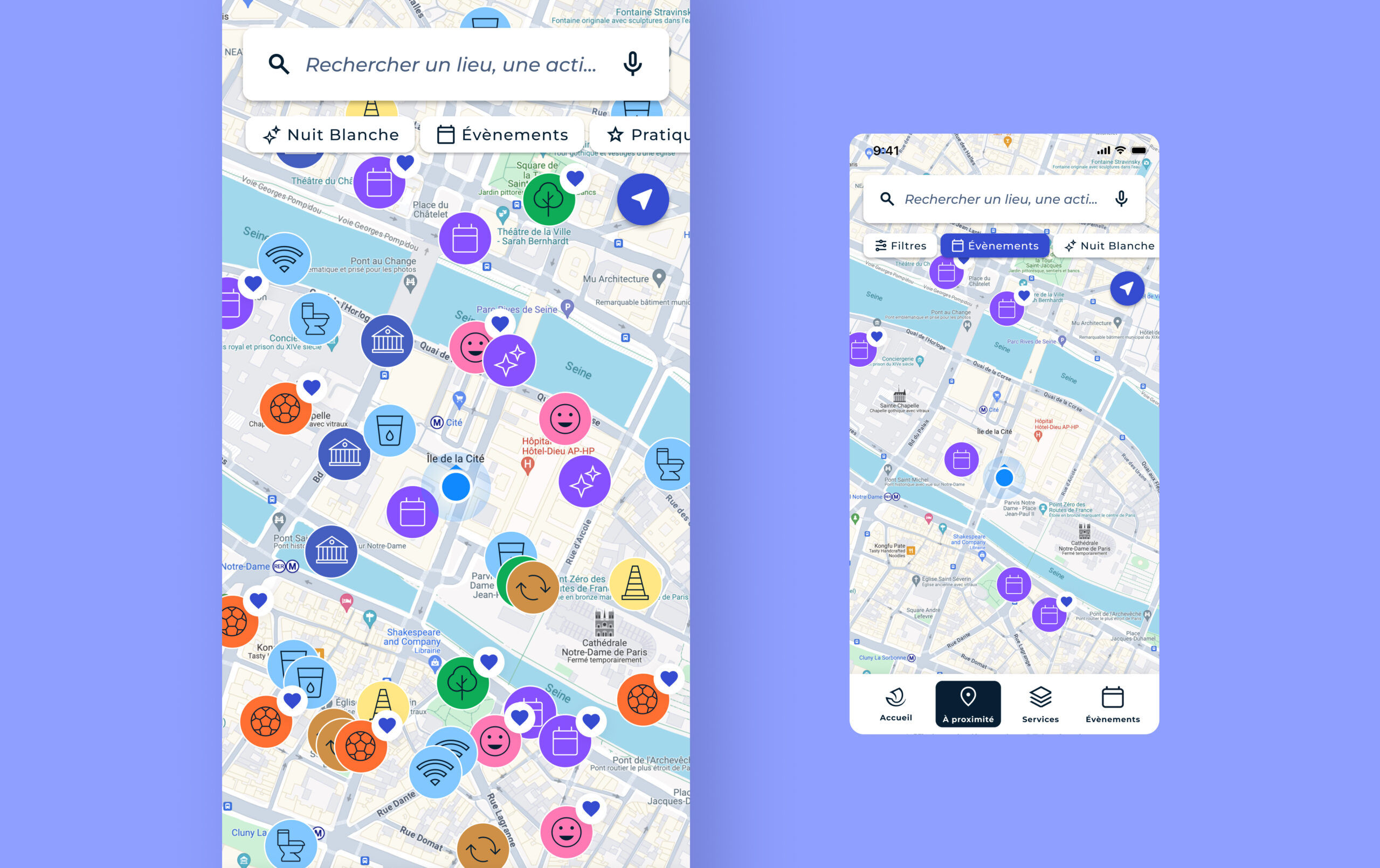 Vue montrant la carte interactive avec les différents points d'interêt