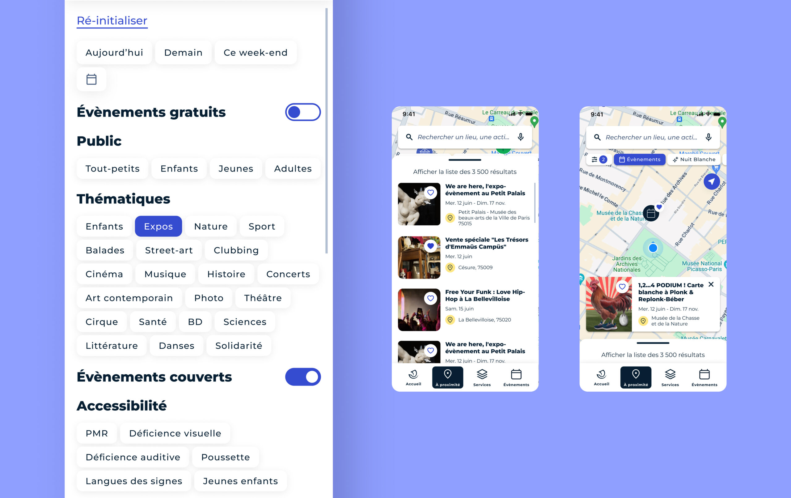 Vue montrant les filtres de la carte interactive