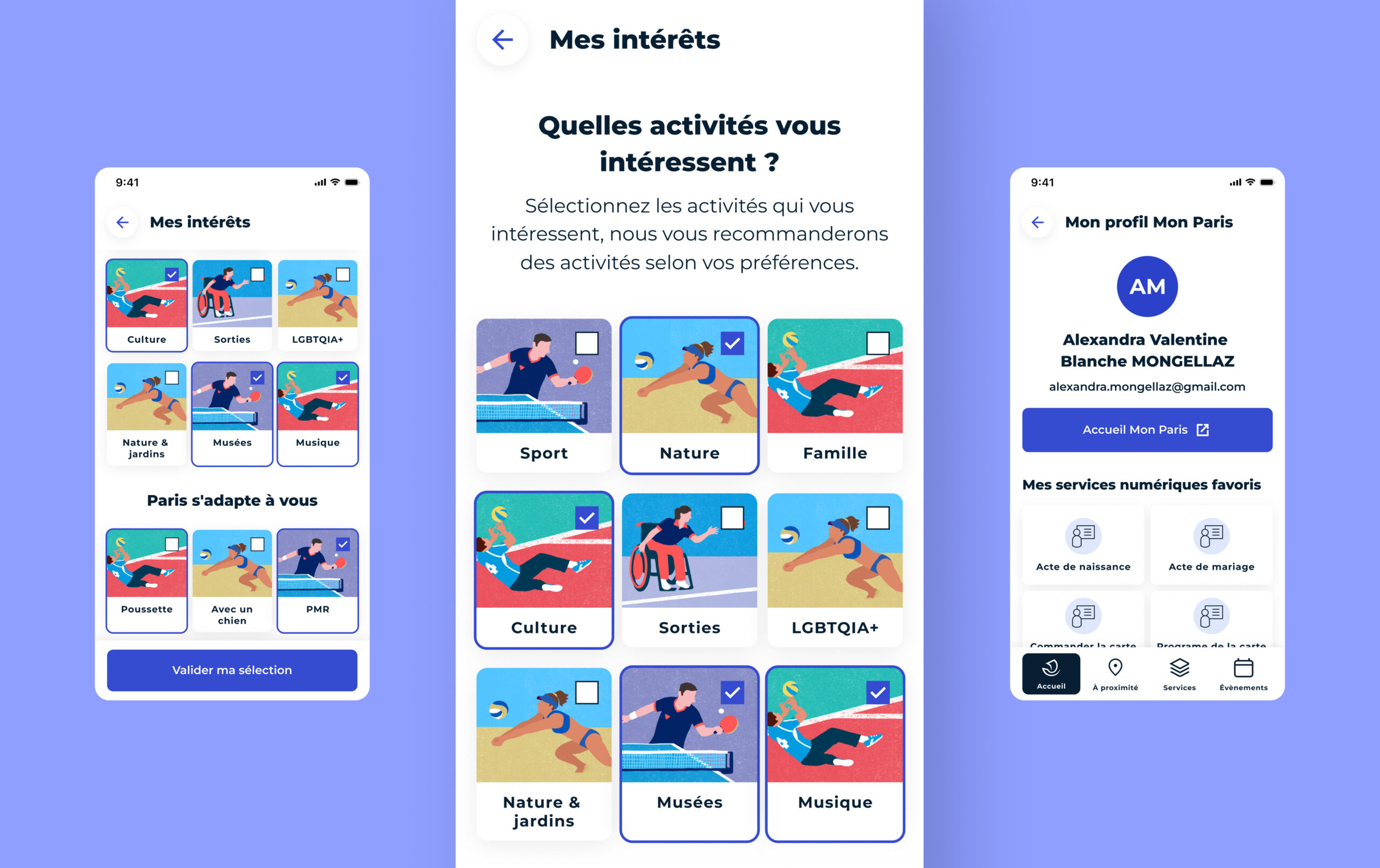 Vue montrant les écrans de personnalisation de l'application selon ses intérêts